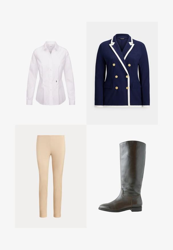 Blazer croisé bleu marine avec bordure blanche, boutons dorés, col à revers cranté et poches à rabat à l'avant.; Chemise blanche à manches longues avec col classique, patte de boutonnage frontale, pinces latérales et un détail de rose noire brodée près de l'ourlet.; Pantalon beige slim fit longueur cheville avec une finition lisse, sans poches visibles ni ornements, sur un fond uni.; Botte en cuir marron montant, avec une texture lisse, un bout arrondi et peu de détails de couture. Semelle plate avec un petit talon.