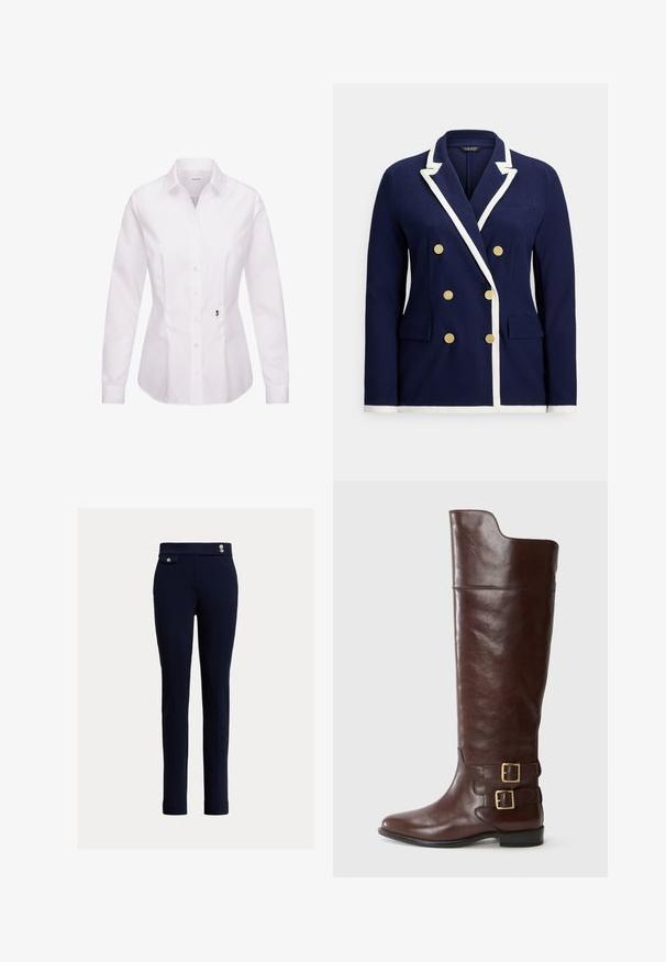 Marineblå dobbeltradet blazer med hvid kant, guldknapper, notched revers og lommer med klap foran.; Hvid langærmet skjorte med knapper, klassisk krave, frontplade, sidesømme og en sort broderet rosedetalje nær kanten.; Marineblå slim-fit bukser med høj talje, frontlomme med klap og knap, samt to dekorative knapper på taljebåndet.; Brune læderknæhøj støvle med en rund tå, der har to guldtonede spænder ved anklen og en glat, poleret overflade.