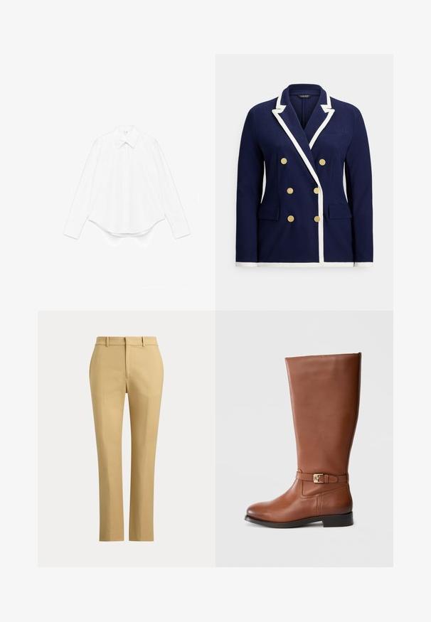 Blazer croisé bleu marine avec bordure blanche, boutons dorés, col à revers cranté et poches à rabat à l'avant.; Chemise blanche à manches longues en coton, avec un col pointu, une fermeture à boutons sur le devant et un ourlet arrondi avec des poignets larges.; Pantalon beige droit avec passants de ceinture, fermeture éclair à l'avant et plis sur mesure sur un fond clair uni.; Botte haute jusqu'au genou en cuir marron avec un design droit, semelle plate et détail boucle dorée à la cheville. Texture lisse, coutures minimales.
