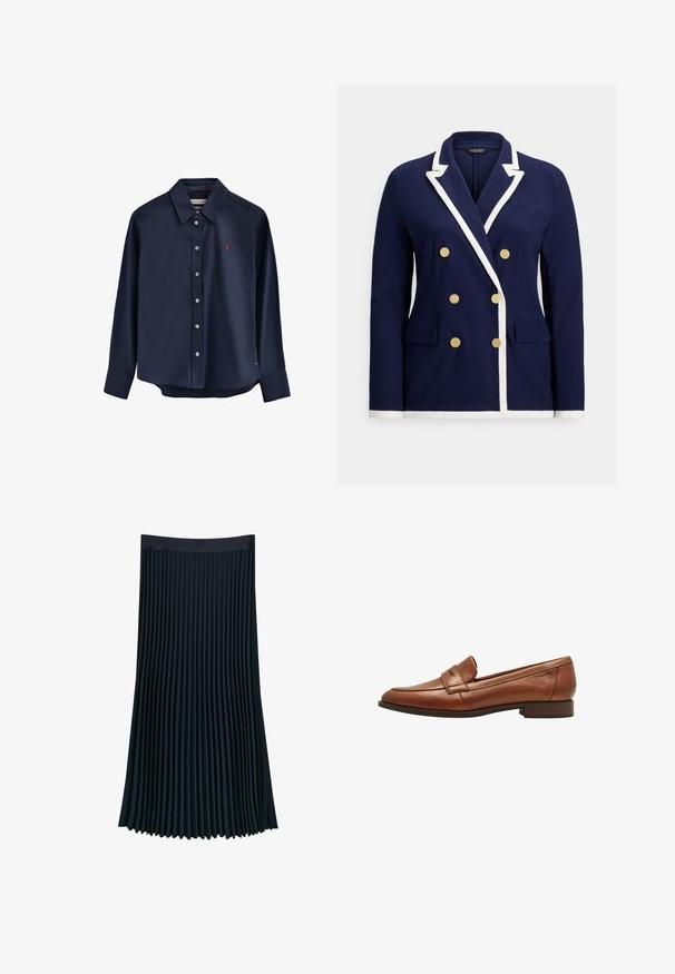 Marineblå dobbeltradet blazer med hvid kant, guldknapper, notched revers og lommer med klap foran.; Marineblå skjorte med lange ærmer og knapper, lavet af glat stof. Har en spids krave, knaplukning og et lille rødt logo på brystet.; Plisseret nederdel i mørk marineblå stof, med en glat talje og lodrette plisseringer for tekstur og bevægelse, samt en svømmede silhuet.; Brune læder loafers med en glat overflade, der har en rund tå, syede detaljer og en lav blokhæl. Accentueret med et dekorativt bånd.