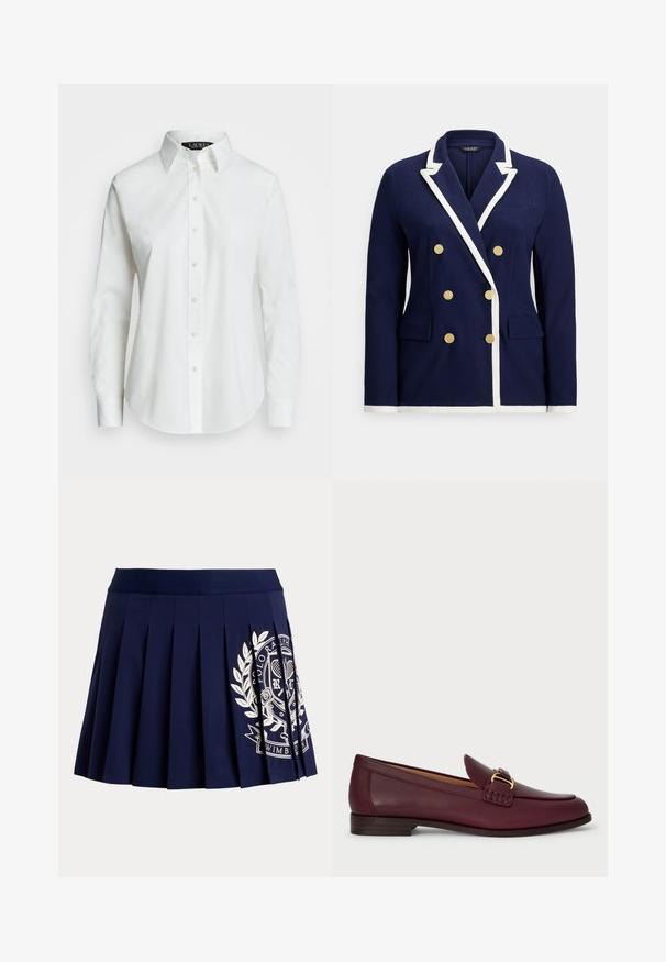 Marineblauer zweireihiger Blazer mit weißem Besatz, goldenen Knöpfen, Revers mit Kerbe und vorderen Pattentaschen.; Weißes langärmliges Hemd aus Baumwolle mit Knopfleiste. Verfügt über einen klassischen Kragen, sieben Knöpfe und ein dezentes, auf die Brust gesticktes Logo.; Marineblauer plissierter Rock mit breitem Bund und weißem Tennis-Wappen-Logo auf der unteren rechten Seite.; Bordeauxfarbene Lederloafer mit glatter Oberfläche, verziert mit einer dekorativen Schnalle und Steppnähten, flachem Holzabsatz und runder Zehenpartie.