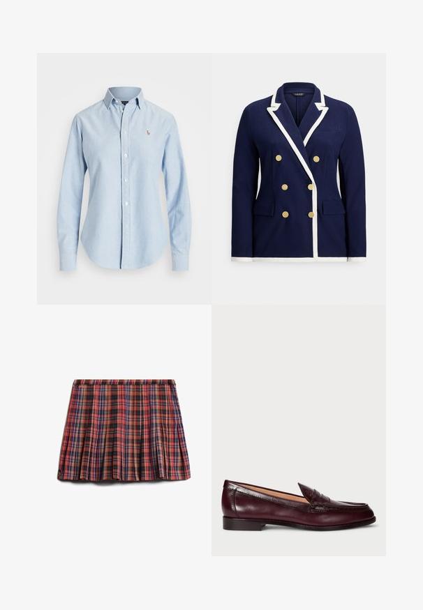 Marineblauwe dubbelrijige blazer met witte bies, gouden knopen, revers met inkeping en voorzakken met klep.; Lichtblauw overhemd met lange mouwen, knopen, kraag en een klein geborduurd logo op de linkerborst.; Rode geblokte plissé rok met zwarte, blauwe en gele accenten. Heeft een tailleband en een gestructureerde stof voor visueel belang.; Bordeaux leren loafers met een gladde afwerking, ronde neus, decoratieve stiksels en een lage hak. Het interieur heeft een zachte beige voering.