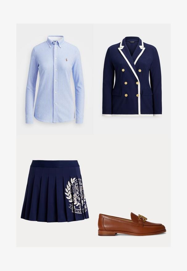 Blazer cruzado azul marino con ribete blanco, botones dorados, solapa con muesca y bolsillos con solapa delanteros.; Camisa de botones a rayas azul claro y blanca con cuello, mangas largas y un pequeño logo bordado en la parte izquierda del pecho.; Falda plisada azul marino con cinturilla ancha y logotipo blanco con escudo temático de tenis en el lado inferior derecho.; Mocasín de cuero marrón con tacón bajo apilado y detalle de hebilla metálica dorada en la parte superior, mostrado en perfil lateral sobre un fondo liso.