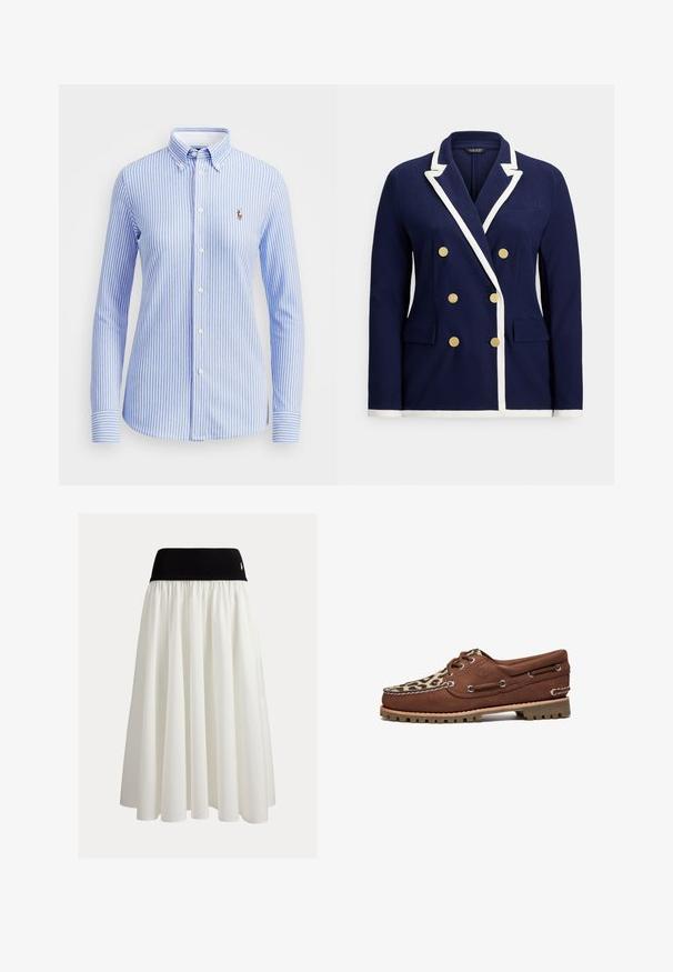 Marineblå dobbeltradet blazer med hvid kant, guldknapper, notched revers og lommer med klap foran.; Lyseblå og hvid stribet skjorte med knapper, krave, lange ærmer og et lille broderet logo på venstre bryst.; Hvid midinederdel med sort elastik i taljen. Fremstillet af let bomuld med et voluminøst, rynket design uden synlige mønstre.; Timberland TIMBERLAND AUTHENTIC BOAT SHOE - Sejlersko - medium brown nubuck