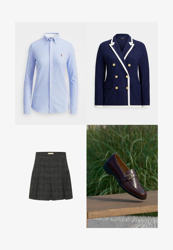 Blazer cruzado azul marino con ribete blanco, botones dorados, solapa con muesca y bolsillos con solapa delanteros.; Camisa de botones a rayas azul claro y blanca con cuello, mangas largas y un pequeño logo bordado en la parte izquierda del pecho.; Falda mini de cuadros grises con pliegues, fabricada en tejido texturizado. Cuenta con una cinturilla suave y una pequeña etiqueta cerca de la parte superior.; Mocasín de cuero marrón oscuro con detalle de hebilla dorada suspendido sobre un banco de madera, con fondo de césped verde.