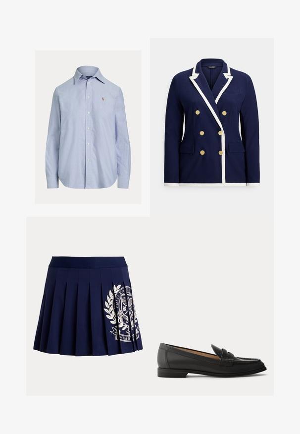 Marineblauer zweireihiger Blazer mit weißem Besatz, goldenen Knöpfen, Revers mit Kerbe und vorderen Pattentaschen.; Hellblaues, langärmliges Hemd mit Knopfleiste, spitzem Kragen und kleinem gesticktem Logo auf der linken Brust.; Marineblauer plissierter Rock mit breitem Bund und weißem Tennis-Wappen-Logo auf der unteren rechten Seite.; Schwarzer Damen-Loafer aus Leder mit niedrigem Absatz, abgerundeter Spitze und genähten Details am Obermaterial, von der Seite auf einfarbigem Hintergrund gezeigt.