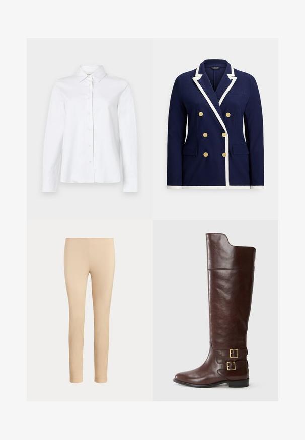 Marineblauwe dubbelrijige blazer met witte bies, gouden knopen, revers met inkeping en voorzakken met klep.; CLOSED CLASSIC SHIRT WITH STRAP DETAIL - Overhemdblouse - white; Beige slim-fit enkellange broek met een gladde afwerking en zonder zichtbare zakken of versieringen op een effen achtergrond.; Bruine leren kniehoge laars met een afgeronde neus, voorzien van twee goudkleurige gespen bij de enkel en een gladde, gepolijste textuur.