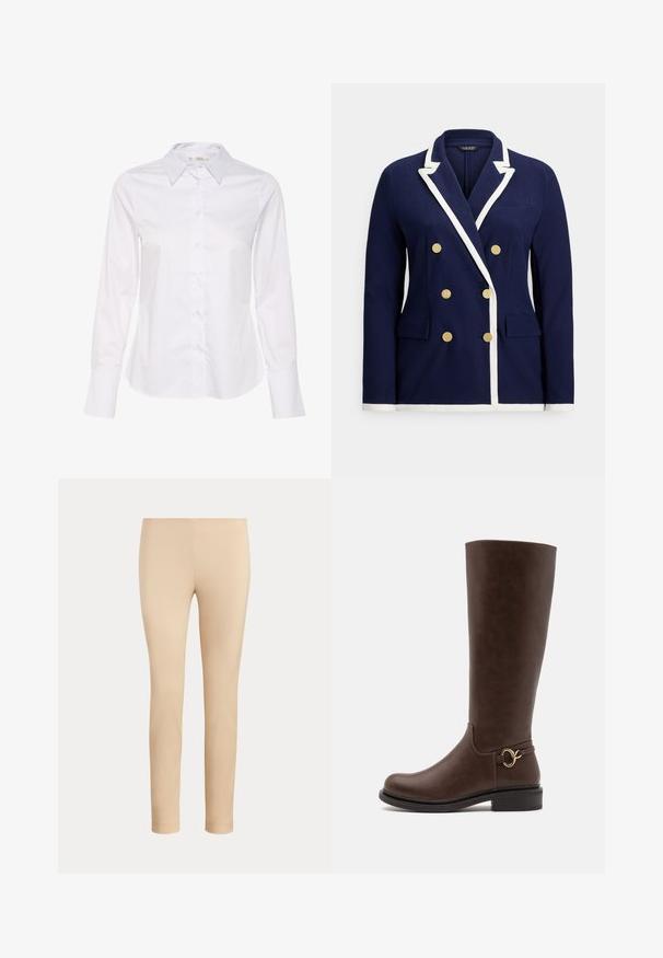 Blazer croisé bleu marine avec bordure blanche, boutons dorés, col à revers cranté et poches à rabat à l'avant.; Chemise blanche à manches longues avec un col classique, une fermeture par boutons à l'avant et un ourlet droit. Fabriquée en tissu lisse avec un design épuré.; Pantalon beige slim fit longueur cheville avec une finition lisse, sans poches visibles ni ornements, sur un fond uni.; Anna Field Wide Fit by Zalando Bottes - brown