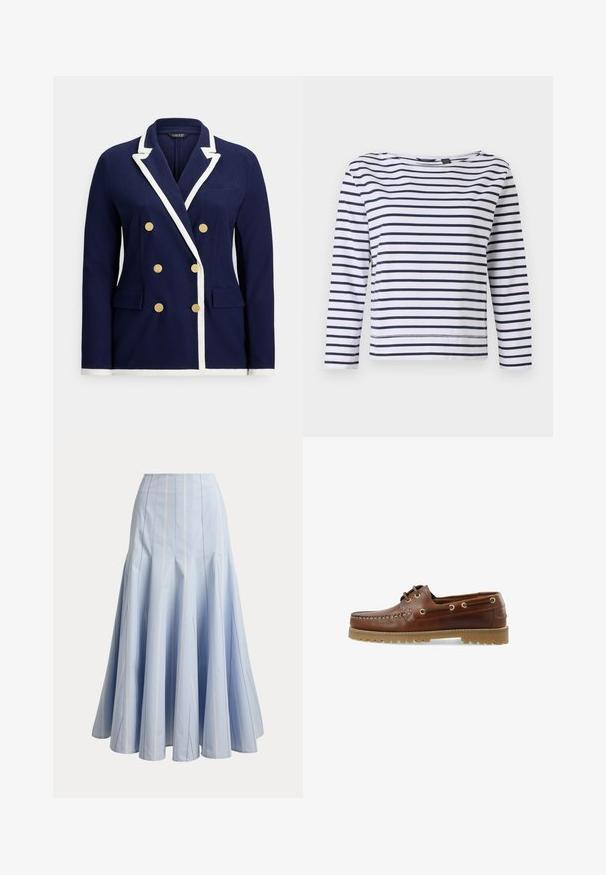 Marineblå dobbeltradet blazer med hvid kant, guldknapper, notched revers og lommer med klap foran.; Stribet langærmet top i hvid og marineblå, med en bådudskæring og en afslappet pasform. Lavet af blødt bomuldsstof med syede kanter.; Lyseblå lang nederdel med lodrette hvide nålestriber og udvidede paneldetaljer, vist på en ensfarvet baggrund.; Brune læder bådsko med lav skæring, snøredesign, metaløjer og en tekstureret gummisål, der har stikninger foran.
