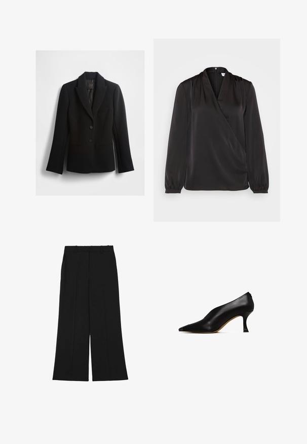 Zwarte blazer met een reverskraag met inkeping, twee knopen en een borstzakje. Gemaakt van een gladde stof met een gestructureerde snit en lange mouwen.; Zwarte blouse met lange mouwen en een crossoverontwerp, gemaakt van een zachte stof. Bevat gathered details bij de schouders en elastische manchetten.; Zwarte wijde broek gemaakt van een gladde stof. Voorzien van een hoge taille, dubbele voorplooien en riemlussen. Geen zichtbare zakken of versieringen.; Zwarte leren hoge hak schoen met een spitse neus en een slanke, gebogen hak. Kenmerkt zich door een gladde textuur en een minimalistisch ontwerp.