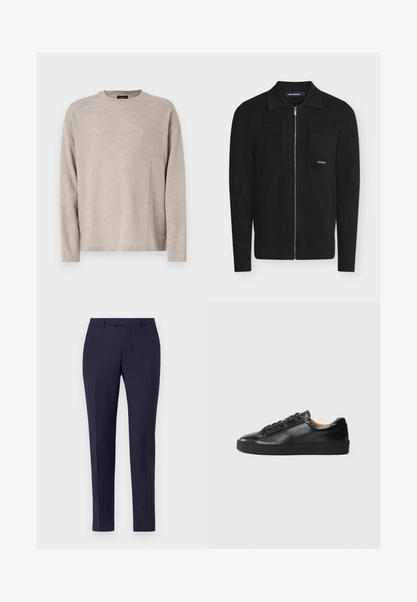 Schwarzer langärmliger Zip-Cardigan mit Kragen und Brusttasche, mit einem kleinen Metall-Markenetikett auf der Tasche.; Helle beige Langarm-Strickjacke mit einem texturierten Zickzackmuster, ausgestattet mit einer quadratischen Brusttasche und einem runden Ausschnitt.; Navyblaue maßgeschneiderte Hose mit einem eleganten Design, flachem Vorderteil, schmalen Beinen und ohne sichtbare Beschläge oder Muster. Glatte Stofftextur.; Schwarze Leder-Sneaker mit glatter Textur, runder Zehenpartie und Schnürverschluss. Verfügt über eine dicke Gummisohle und minimalistische Marken-Details.