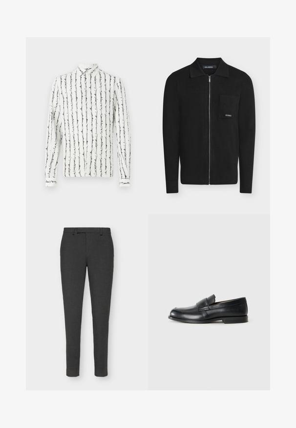 Sort langærmet cardigan med lynlås, krave og brystlomme, med en lille metal mærkeetiket på lommen.; Hvid skjorte med knapper, prydet med sorte lodrette striber og et blomstermønster. Lange ærmer med knapmanschetter. Fremstillet af et let materiale.; Mørkegrå skræddersyede bukser lavet af tekstureret stof, med knap- og lynlås-lukning, bæltestropper og et slankt fit design.; Sorte læder loafers med rund tå, syet detaljer og en flad gummisål. Har en bred rem over vristen.