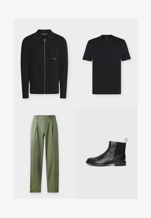 Schwarzer langärmliger Zip-Cardigan mit Kragen und Brusttasche, mit einem kleinen Metall-Markenetikett auf der Tasche.; Schwarzes BOSS T-Shirt mit kurzen Ärmeln, Rundhalsausschnitt, regulärem Schnitt und dezentem geprägtem Logo auf der linken Brust.; Maßgeschneiderte Hose aus olivgrünem Stoff mit glatter Textur, ausgestattet mit zwei vorderen Falten, Gürtelschlaufen und geradem Bein.; Schwarze Leder-Ankle-Boots mit elastischen Seitenpaneelen, runder Zehenpartie, niedrigem Blockabsatz und einer Zuglasche auf der Rückseite für ein einfaches An- und Ausziehen.