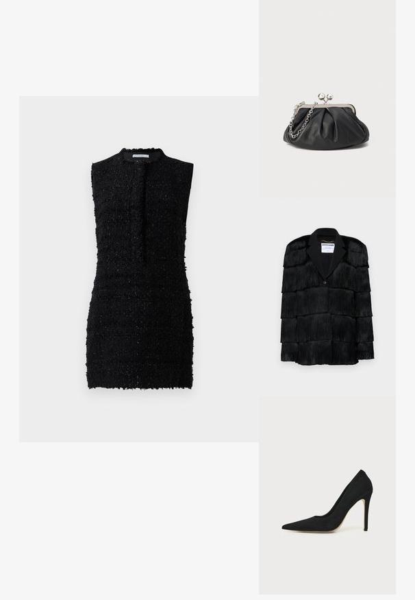 Chaqueta negra con detalles de flecos en capas, cuello de solapa y cierre de un solo botón. Textura suave, diseño estructurado.; Vestido negro sin mangas hecho de una tela texturizada con un ajuste ligeramente holgado, que presenta un escote alto y un detalle mínimo.; Zapato stiletto negro de tacón alto con punta afilada y textura lisa, mostrado de lado sobre un fondo claro y uniforme.; Clutch de cuero negro con textura arrugada, marco de metal en tono plateado, cierre de beso y cadena para colgar. Superficie suave y lisa.