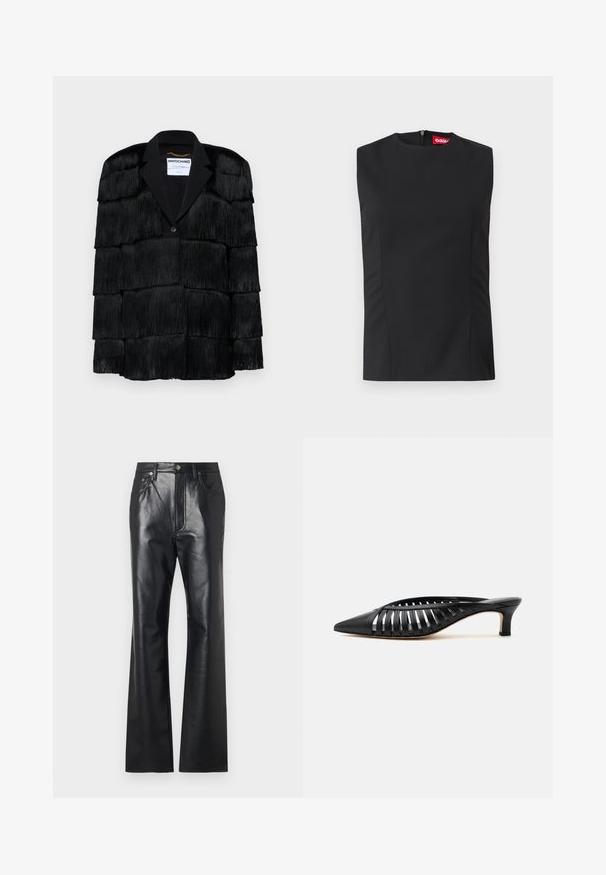Schwarze Jacke mit geschichteten Fransendetails, einem Spitzrevers und einem einzelnen Knopfverschluss. Weiche Textur, strukturierte Gestaltung.; Schwarzes ärmelloses Oberteil mit hohem Halsausschnitt, Vorderfalten und unsichtbarem Reißverschluss auf der Rückseite. Hergestellt aus glattem Stoff mit strukturierter Passform.; Schwarze Lederhose mit glatter Textur, ausgestelltem Bein design, Frontreißverschluss und Gürtelschlaufen. Mit dezenten Steppnähten.; Schwarze Leder-Mule mit spitzer Schuhspitze, Riemchen-Design und niedrigem Kittenheel auf weißem Hintergrund.