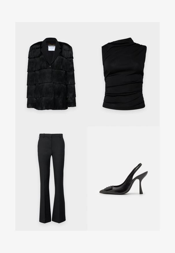 Zwarte jacket met gelaagde franjes, een gekartelde revers en een enkele knoopsluiting. Zachte textuur, gestructureerd ontwerp.; Zwarte mouwloze top met asymmetrische halslijn, voorzien van geraffineerde stof voor textuur en een aansluitende silhouet. Glad, rekbaar materiaal.; Zwarte flared broeken van een stevige stof, met een tailleband en riemlussen, een nauwsluitende pasvorm en zijzakken.; Zwarte leren slingback schoen met een spitse neus, slanke hoge hak en een decoratieve strikaccent. Gladde textuur en elegant ontwerp.
