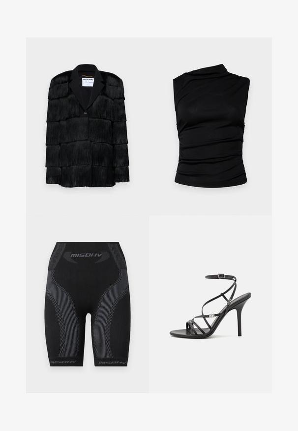 Zwarte jacket met gelaagde franjes, een gekartelde revers en een enkele knoopsluiting. Zachte textuur, gestructureerd ontwerp.; Zwarte mouwloze top met asymmetrische halslijn, voorzien van geraffineerde stof voor textuur en een aansluitende silhouet. Glad, rekbaar materiaal.; Zwarte sportshorts met een aansluitend ontwerp, textuurstof, verticale strepen in het grijs en het "MISBHV" logo aan de zoom.; Zwarte hoge hakken sandaal met dunne banden, een enkelgesp, een gladleren oppervlak en een slanke stilettohak.