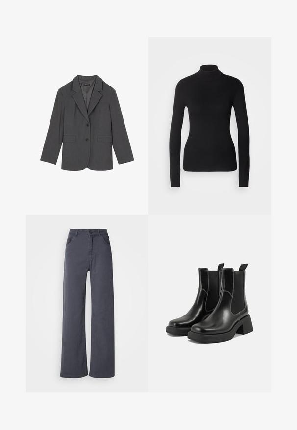 Grå blazer med noterede klapper, to frontlommer og to knapper. Glat stof med et subtilt vævemønster, struktureret pasform og lange ærmer.; Sort turtleneck sweater lavet af let strikket stof. Har lange ærmer, et tætsiddende design og en blød ribbet tekstur.; Mørkegrå lige ben bukser med forlommer, bæltesløjfer og en knap- og lynlåslukning på en hvid baggrund.; Sorte læder Chelsea-støvler med en kraftig hæl, elastiske sidepaneler og kontrastfarvet hvid syning. Tekstureret overflade.
