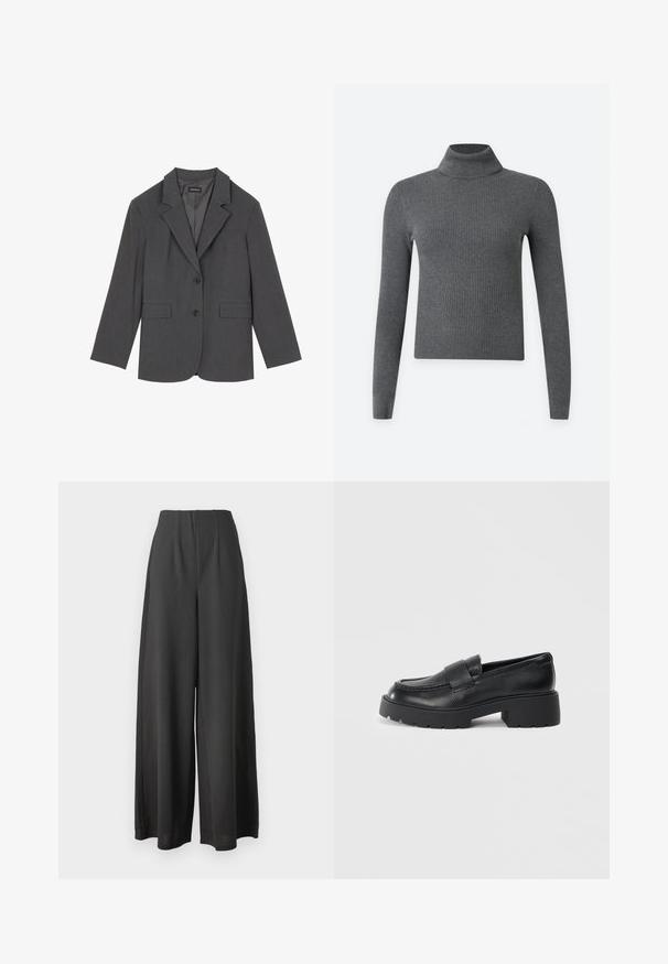 Grå blazer med noterede klapper, to frontlommer og to knapper. Glat stof med et subtilt vævemønster, struktureret pasform og lange ærmer.; Mørkegrå ribstrikket langærmet rullekravepullover med tætsiddende silhuet på en ensfarvet lys baggrund.; Sorte vide bukser lavet af et glat stof, med høj talje og plisseret design for ekstra struktur og dybde.; Sorte læderloafers med en struktureret finish, der har et rektangulært bånd over vamps og et groft, klodsede således design.