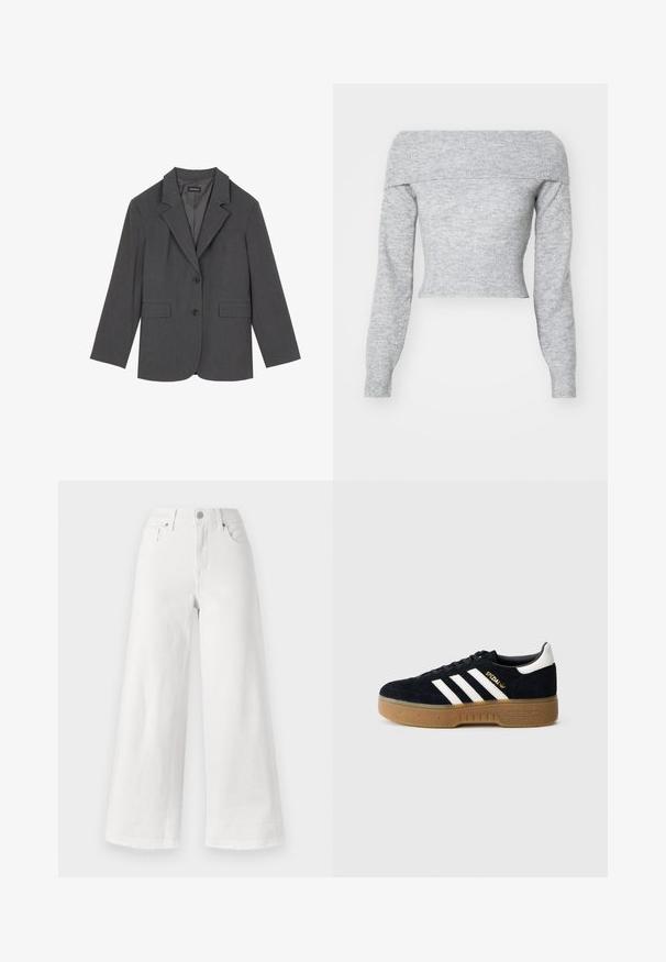 Blazer gris avec revers crantés, deux poches avant et deux boutons. Tissu lisse avec un motif de tissage subtil, coupe structurée et manches longues.; Weekday LOLO OFF SHOULDER - Pullover - grey melange; Jean large blanc en denim, avec une taille haute, un design à quatre poches et un ourlet brut en bas pour ajouter de la texture.; Baskets en daim noir avec trois bandes blanches et logo doré. Semelle en gomme avec adhérence texturée. Design classique à tige basse, bout arrondi.