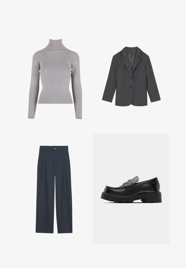 Grå blazer med noterede klapper, to frontlommer og to knapper. Glat stof med et subtilt vævemønster, struktureret pasform og lange ærmer.; Grå turtleneck sweater med ribbet tekstur, tætsiddende design og lange ærmer. Glat materiale med en let strækbar kvalitet.; Vide bukser lavet af tekstureret mørkegråt stof, med foran pliserede detaljer, en knaplukning og sidelommer for ekstra funktionalitet.; Sorte læder loafers med en chunky tekstureret sål, der har en rem over vamps og en glat, poleret finish.