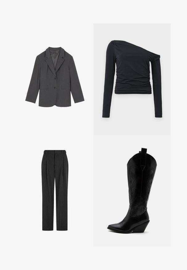 Grauer Blazer mit Reverskragen, zwei Fronttaschen und zwei Knöpfen. Glattes Material mit einem dezenten Webmuster, taillierte Passform und langen Ärmeln.; Schwarzes Langarmoberteil mit einseitigem Design, das eine geraffte Textur an der Seite aufweist. Hergestellt aus einem weichen, dehnbaren Stoff für ein bequemes Tragegefühl.; Schwarze Nadelstreifenhose mit hoher Taille, gefaltetem Vorderteil und geradem Bein. Der Stoff wirkt strukturiert und ist maßgeschneidert für einen formellen Look.; Schwarzer Leder-Cowboystiefel mit spitzer Zehe, schrägem Blockabsatz, dekorativer Naht und Zuglaschen oben vor weißem Hintergrund.
