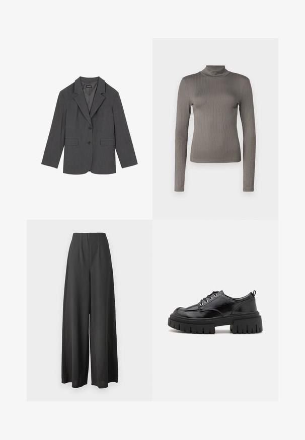 Grå blazer med noterede klapper, to frontlommer og to knapper. Glat stof med et subtilt vævemønster, struktureret pasform og lange ærmer.; Grå ribbet langærmet turtleneck top med et tætsiddende design og blød tekstur. Har en høj halsudskæring og slank silhuet.; Sorte vide bukser lavet af et glat stof, med høj talje og plisseret design for ekstra struktur og dybde.; Sorte læder snørestøvler med rund tå, tyk sort platformssål og rillet tekstur. Har snørehuller og en bageste løkke.