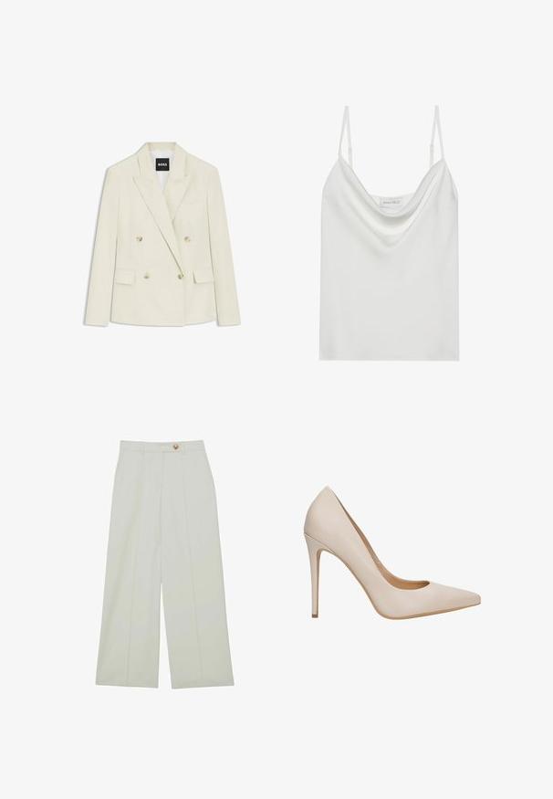 Off-white dubbelgeknoopte blazer met pieklapels, vier knopen, twee klepzakken en een borstzak, met het label BOSS aan de binnenkant van de kraag.; Witte satijnen camisole met een gedrapeerde halslijn, dunne verstelbare schouderbanden en een rechte zoom. Het label "ANNA FIELD" is zichtbaar aan de binnenkant.; Lichte crèmekleurige wijde broek met knoopsluiting, voorplooien en zijzakken, gemaakt van een gladde stof.; Beige leren pumps met hoge hak, een spitse neus, een gladde textuur en een slanke stilettohak. Minimalistisch ontwerp zonder extra versieringen.