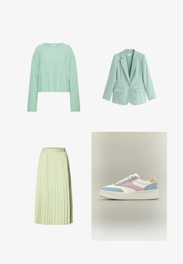 Blazer a medida de color verde menta con un solo botón, solapas con muesca y bolsillos delanteros con solapa.; Suéter corto verde claro con textura acanalada, mangas largas y patrones diagonales distintivos en el cuerpo y las mangas.; Falda midi plisada de color verde claro con cintura ajustada y pliegues verticales distribuidos de manera uniforme.; Zapatilla deportiva de plataforma blanca con paneles en azul pastel, rosa y lavanda, cordones blancos y detalle metálico dorado en el talón sobre fondo liso.