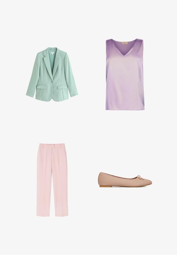 Enkeltknappet, mintgrøn skræddersyet blazer med notch revers og frontlommer med klapper.; Ærmeløs lavendel satin top med V-halsudskæring og lige kant, fra Falconeri Beta-kollektionen.; Lyserøde bukser med skræddersyet design, der har to sidelommer, en glat tekstur og folder foran for ekstra detalje.; Beige tekstureret balletflat med rundet tå, lille sløjfedetalje på toppen og flad lysebrun sål, vist fra siden.
