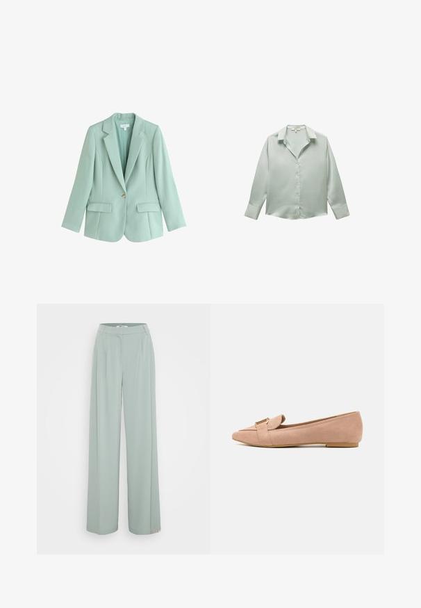 Eenknops mintgroene op maat gemaakte blazer met inkeping revers en voorzakken met kleppen.; Lichtgroene blouse met lange mouwen gemaakt van gladde stof. Heeft een klassieke kraag en knopen aan de voorkant, met manchet mouwen.; Lichtgroene wijde broek met een gladde textuur, voorzien van een flat front tailleband en persvouwen langs de benen.; Lichtroze suède ballerina's met een spitse neus, voorzien van een omslagdetail en een goudkleurige gesp als accent. Lage, platte zool. Gladde textuur.