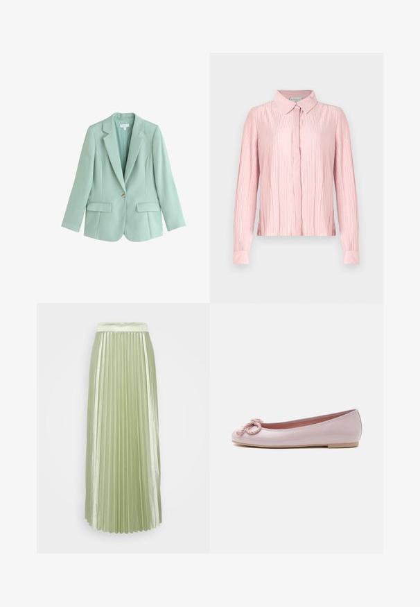 Ein-Knopf, mintgrüner, maßgeschneiderter Blazer mit Kerb- Revers und vorderen Pattentaschen.; Rosa Langarmbluse mit Kragen, die eine plissierte Textur und eine Knopfleiste aufweist. Glattes Material mit kontrastierenden Manschetten.; Gefalteter Rock aus leichtem grünen Satin mit einem breiten Bund und vertikalen Falten, die eine glatte, fließende Silhouette erzeugen.; Hellrosa Ballerina aus Lackleder mit abgerundeter Spitze, gedrehter Kordelschleife vorne und flacher beiger Sohle auf weißem Hintergrund.