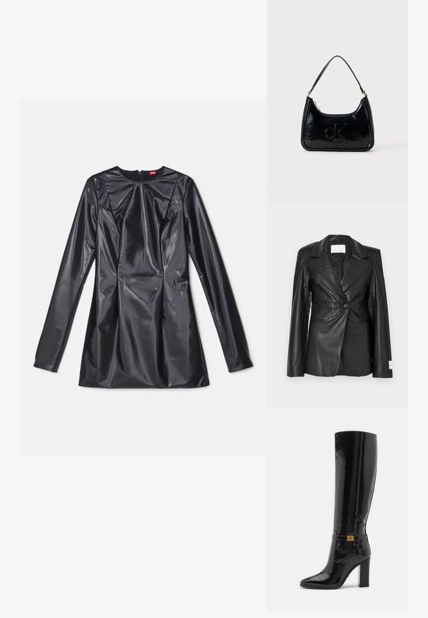 Sort læderblazer med skræddersyet design, enkeltknapslukning, hakkede revers og mærkedetaljer på venstre manchet.; 032c TRAPEZE TOO TIGHT MINI DRESS - Cocktailkjole / festkjole - black luster; Knæhøje sorte patentlæderstøvler med spids tå, guld hardware detaljer og en chunky hæl. Glat, skinnende overflade med minimal pynt.; Sort patentlæder håndtaske med et buet topgreb, lynlåsslukning og prægede "cK" logo på fronten. Glat tekstur, struktureret form.