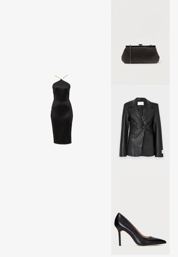 Schwarzer Lederblazer mit maßgeschneidertem Design, Ein-Knopf-Verschluss, fallenden Revers und Etikettendetail am linken Ärmelbündchen.; Schwarzes Satin-Bodycon-Kleid mit Neckholder-Design. Es zeichnet sich durch eine figurbetonte Silhouette und einen dezenten Glanz aus. Dünne goldene Träger betonen den Ausschnitt.; Schwarze Leder-Pumps mit hohem Absatz, spitzem Schuhkopf und schlankem Stiletto-Absatz. Die glatte Textur und die minimalen Details verleihen ein klassisches Design.; Schwarze Mesh-Clutch mit strukturierter Silhouette, verziert mit kleinen metallic-nieten, besitzt einen Verschluss mit Klappe und einen abnehmbaren Kettenriemen.
