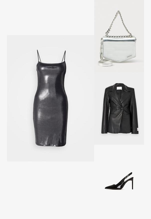 Sort læderblazer med skræddersyet design, enkeltknapslukning, hakkede revers og mærkedetaljer på venstre manchet.; Sort, ærmeløs bodycon kjole lavet af skinnende, reflekterende materiale. Den har tynde stropper og en lige kant. Logo-detalje på fronten.; Sort patentlæder slingback hæl med spids tå og stiletto hæl. Har et udsnit design og justerbar rem med metalhardware.; Sølvfarvet metallic crossbody taske med kædestrop, geometrisk form, glat tekstur og logodetalje. Har lynlåslukning og dekorativ syning.