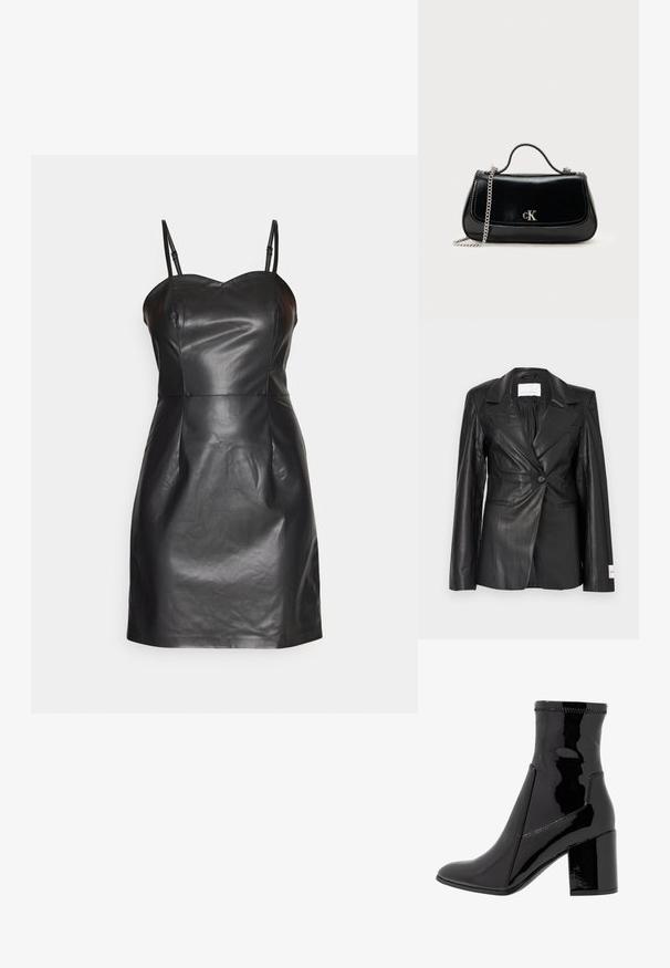 Čierny kožený sako s priliehavým strihom, jedným zapínaním na gombík, výstrihom s výrezmi a detailmi štítka na ľavom manžete.; ONLY ONLDINA FAUX LEATHER DRESS - Koktailové šaty/večierkové šaty - black; Čierne lakované členkové čižmy s hladkým povrchom, špicatou špičkou a pevným blokovým opätkom. Disponujú dizajnom bez zipsu a kontrastným prešívaním.; Čierna kožená kabelka s reťazovou rukoväťou, pevný tvar a strieborný akcent s logom. Hladký povrch s klapkovým uzatváraním.