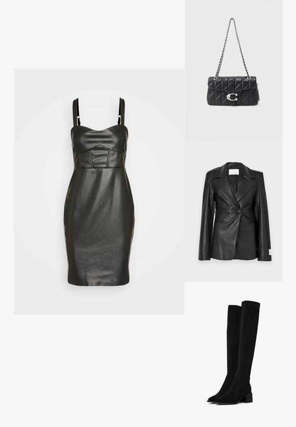 Zwarte leren blazer met een getailleerd ontwerp, enkele knoopsluiting, gespleten revers en labeldetails op de linker manchet.; Zwarte neplederen jurk met een aansluitende silhouet, dunne schouderbanden en een gestructureerde, gewatteerde bustier met verticale naden. Gladde textuur.; Zwarte over-de-knie laarzen van zacht, textuurmateriaal. Voorzien van een blokhak, puntige neus en zichtbare naaddetails.; Zwarte gewatteerde leren schoudertas met zilveren kettingriem en grote zilveren "C" sluiting op de voorflap.