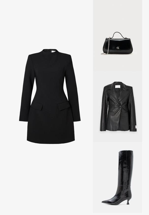 Sort læderblazer med skræddersyet design, enkeltknapslukning, hakkede revers og mærkedetaljer på venstre manchet.; Sort kjole med høj krave, lange ærmer og tætsiddende silhouette. Har to frontlommer og syningsdetaljer for et struktureret look.; Sorte læderknæhøje støvler med en glansfuld finish, spids tå og en lille, firkantet hæl. Glat tekstur, minimal syning.; Sort læderhåndtaske med en kædestrop, struktureret form og et sølvlogo. Glat overflade med flaplukning.