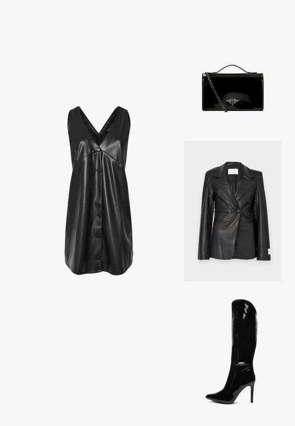 Zwarte leren blazer met een getailleerd ontwerp, enkele knoopsluiting, gespleten revers en labeldetails op de linker manchet.; Zwarte mouwloze neplederen jurk met V-hals, knopen aan de voorkant en licht uitlopende zoom.; Kniehoge, patenten zwarte stiletto laars met een puntige neus. De gladde textuur en het hoge ontwerp creëren een slanke, aansluitende silhouet.; Zwarte patenten leren handtas met een kettinghengsel, voorzien van een decoratief metalen bij-embleem aan de voorkant. Ronde vorm met glanzende afwerking.