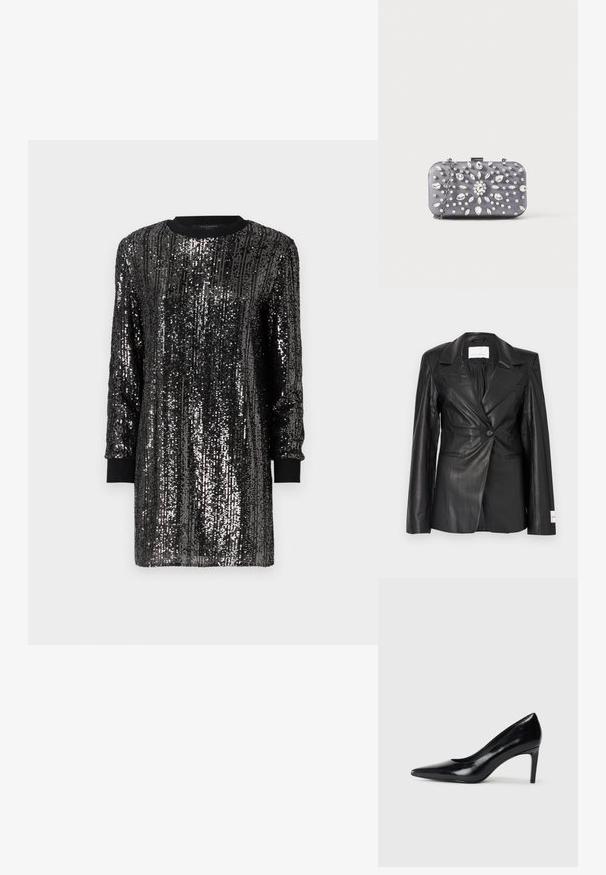 Sort læderblazer med skræddersyet design, enkeltknapslukning, hakkede revers og mærkedetaljer på venstre manchet.; Sort paljettkjole med lange ærmer, rund halsudskæring og kontrasterende sorte manchetter. Har vertikale paljetter i mønstre for tekstur.; Sort læder højhælede sko med spids tå, glat tekstur og en taperet hæl. Minimalistisk design uden yderligere udsmykninger.; Lille rektangulær mørkegrå clutch pyntet med klare rhinsten i et strålende mønster og en sølvkæde som strop.