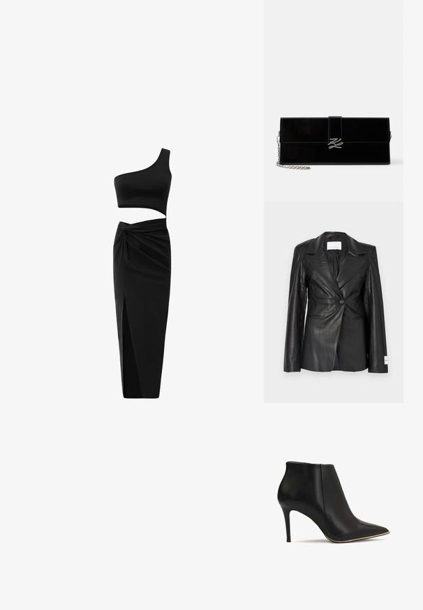 Zwarte leren blazer met een getailleerd ontwerp, enkele knoopsluiting, gespleten revers en labeldetails op de linker manchet.; Zwarte one-shoulder crop top met een uitsnijding in de taille, gecombineerd met een lange, geplooide rok met hoge taille en een voorsplit.; Zwarte leren enkelboot met een spitse neus, hoge stilettohak en een gouden accent langs de zool. Gladde textuur en een gestroomlijnd ontwerp.; Glanzende zwarte rechthoekige clutch met zilveren kettingriem en zilveren, in elkaar verstrengelde initialen sluiting op de voorklep.
