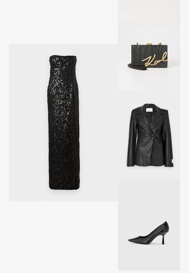 Sort læderblazer med skræddersyet design, enkeltknapslukning, hakkede revers og mærkedetaljer på venstre manchet.; Sort aftenkjole uden stropper med en tætsiddende silhuet, dækket af palietter, med en lige udskæring og en gulvlængdekant.; Sorte patenterede læderpumper med høje hæle, spids tå, slankt design og slank stilettohæle, som har en glat, blank tekstur.; KARL LAGERFELD SOIREE - Clutches - black