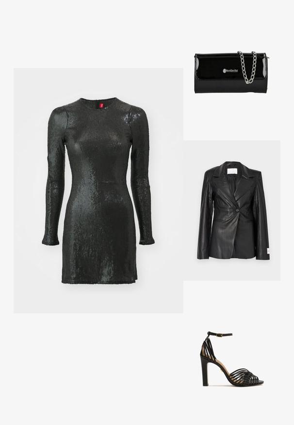 Schwarzer Lederblazer mit maßgeschneidertem Design, Ein-Knopf-Verschluss, fallenden Revers und Etikettendetail am linken Ärmelbündchen.; Schwarzes, paillettenbesetztes Kleid mit langen Ärmeln, rundem Ausschnitt, körperbetontem Schnitt und einem Reißverschluss auf der Rückseite. Hat eine glatte Textur und einen glänzenden Finish.; Schwarze High-Heel-Sandalen mit geflochtenem Riemendesign, offener Zehenpartie, Knöchelriemen mit Schnalle und strukturiertem Plateau. Glatte Oberfläche und elegante Silhouette.; Schwarze patentierte Kunstleder-Clutch mit einem silbernen Kettenriemen, ausgestattet mit einem Klappenverschluss und Logo-Detail auf der Vorderseite. Rechteckige Form.