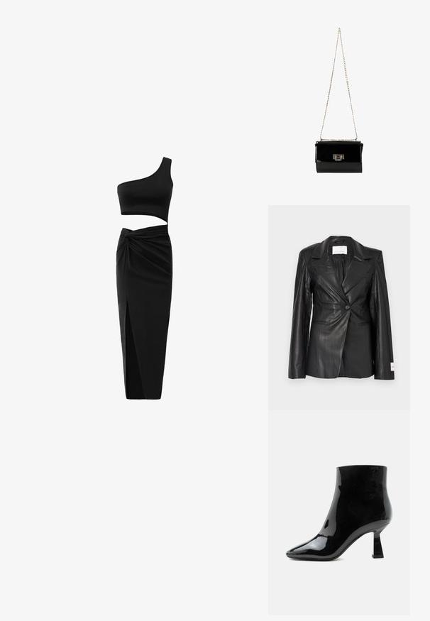 Sort læderblazer med skræddersyet design, enkeltknapslukning, hakkede revers og mærkedetaljer på venstre manchet.; Sort todelt tøj sæt bestående af en en-skulder crop top og en højtaljet nederdel med tvistet detalje og sideslids. Glat stof.; Sort blank laklæder ankelstøvle med spids tå og udvidet mellemhøj hæl på hvid baggrund.; Sort patentlæder håndtaske med en guldkæde-strop, rektangulær form, med en frontklaplukning og et metallisk logo-accent.