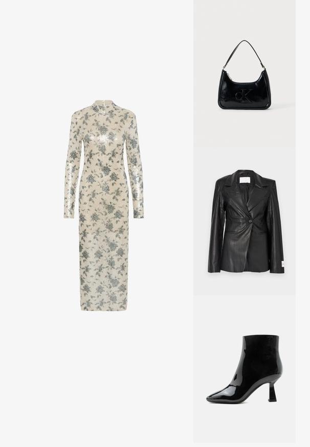 Sort læderblazer med skræddersyet design, enkeltknapslukning, hakkede revers og mærkedetaljer på venstre manchet.; Langærmet kjole i cremefarve med metalliske sølvfarvede blomster-øreringe, høj halsudskæring og lige silhuet, der når midt på læggen. Lynlås lukning bagpå.; Sort blank laklæder ankelstøvle med spids tå og udvidet mellemhøj hæl på hvid baggrund.; Sort patentlæder håndtaske med et buet topgreb, lynlåsslukning og prægede "cK" logo på fronten. Glat tekstur, struktureret form.