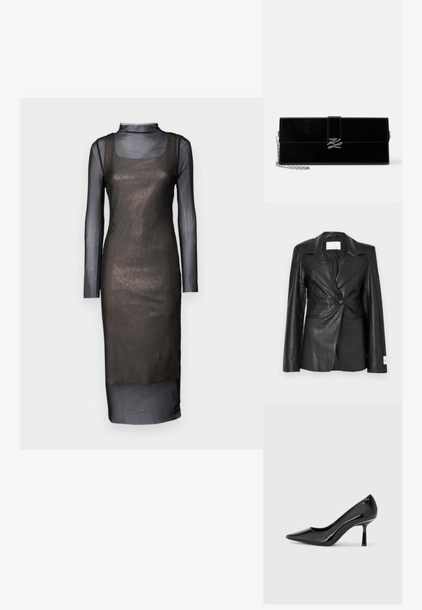 Zwarte leren blazer met een getailleerd ontwerp, enkele knoopsluiting, gespleten revers en labeldetails op de linker manchet.; Zwarte mesh jurk met lange mouwen en een aansluitende silhouet. Heeft een vierkante halslijn en een doorschijnende overlay. Zachte textuur met een gelaagd ontwerp.; Zwarte lakleren high heel pump met een spitse neus, slank ontwerp en een smalle stiletto hak, met een gladde, glanzende textuur.; Glanzende zwarte rechthoekige clutch met zilveren kettingriem en zilveren, in elkaar verstrengelde initialen sluiting op de voorklep.
