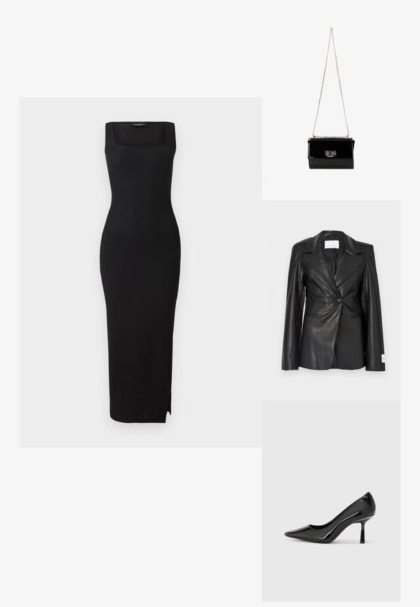 Sort læderblazer med skræddersyet design, enkeltknapslukning, hakkede revers og mærkedetaljer på venstre manchet.; Sort ribbet strikket midi-kjole med firkantet udskæring, tætsiddende silhuet og slids i siden. Materialet har en glat tekstur. Simpelt design.; Sorte patenterede læderpumper med høje hæle, spids tå, slankt design og slank stilettohæle, som har en glat, blank tekstur.; Sort patentlæder håndtaske med en guldkæde-strop, rektangulær form, med en frontklaplukning og et metallisk logo-accent.