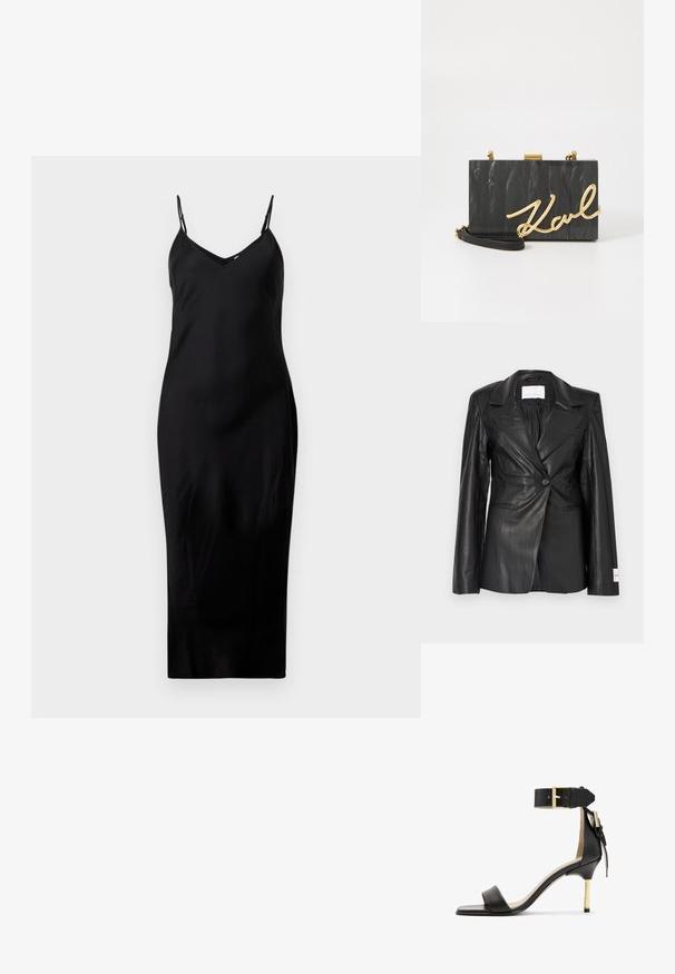 Blazer de cuero negro con diseño entallado, cierre de un botón, solapas con muescas y detalle de etiqueta en el puño izquierdo.; Vestido midi negro sin mangas con finos tirantes tipo espagueti y escote en V, exhibido sobre un fondo blanco liso.; Sándal de tacón de cuero negro con punta cuadrada, correa en el tobillo con hebilla dorada y un tacón metálico esbelto. Textura suave, diseño minimalista.; KARL LAGERFELD SOIREE - Clutch - black