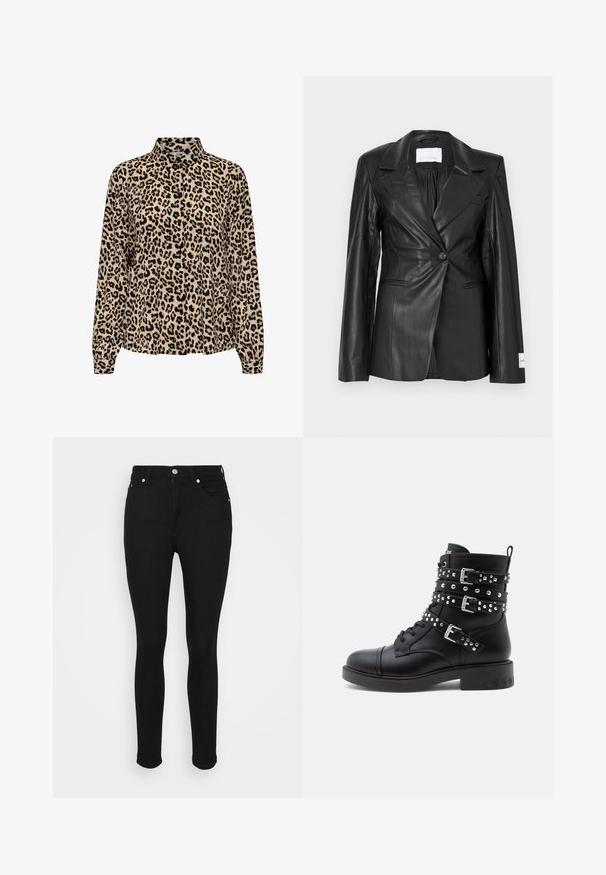 Blazer en cuir noir avec un design ajusté, fermeture à un bouton, revers crantés et étiquette sur le poignet gauche.; JDY JDYBROOKE LS NOOS - Chemisier - pumice stone; Jeans skinny noirs taille haute avec un bouton à l'avant, une fermeture éclair et un design à cinq poches, présentés sur un fond blanc plat.; Bottines en cuir noir avec plusieurs sangles ajustables et clous en argent, bout rond et semelle robuste ornée d'un motif décoratif.