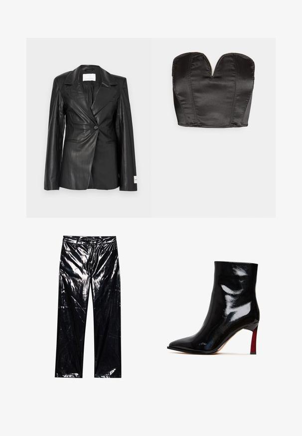 Schwarzer Lederblazer mit maßgeschneidertem Design, Ein-Knopf-Verschluss, fallenden Revers und Etikettendetail am linken Ärmelbündchen.; Vero Moda VMSALLY CROPPED SIMILI CORSAGE - Top - black; Schwarze, hochglänzende, Kunstlederhosen mit weitem Bein, klassischem Fünf-Taschen-Design, Knopf- und Reißverschluss sowie glänzender Textur.; Schwarzer Stiefelette aus Lackleder mit spitz zulaufender Spitze und rotem Akzent am Stilettoabsatz. Glatte Textur und elegantes Design.